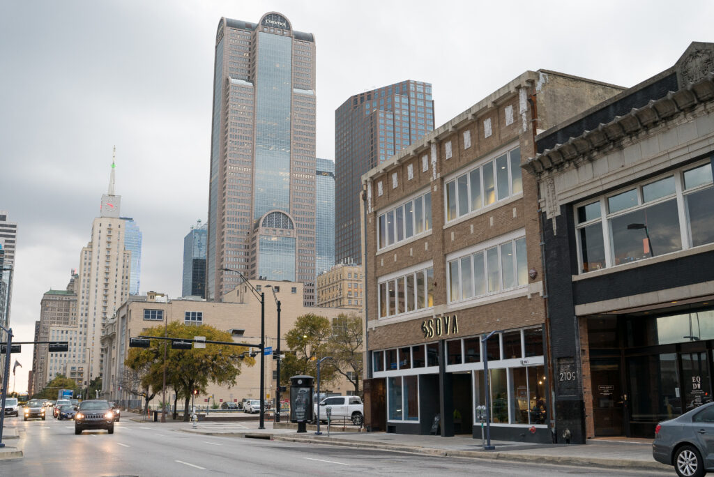 Street view of the SOVA Hotel and its convenient location in Dallas.